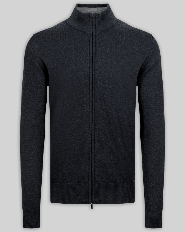 ЧЕРНА ЖИЛЕТКА С КОНТРАСТНА ДЕСЕНАЦИЯ НА ЯКАТА ОТ 100% КАШМИР