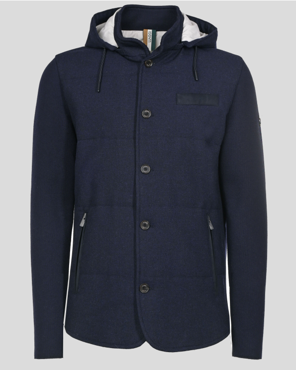 ТЪМНОСИНЬО КЪСО ПАЛТО С ПЛЕТЕНИ РЪКАВИ И КАЧУЛКА