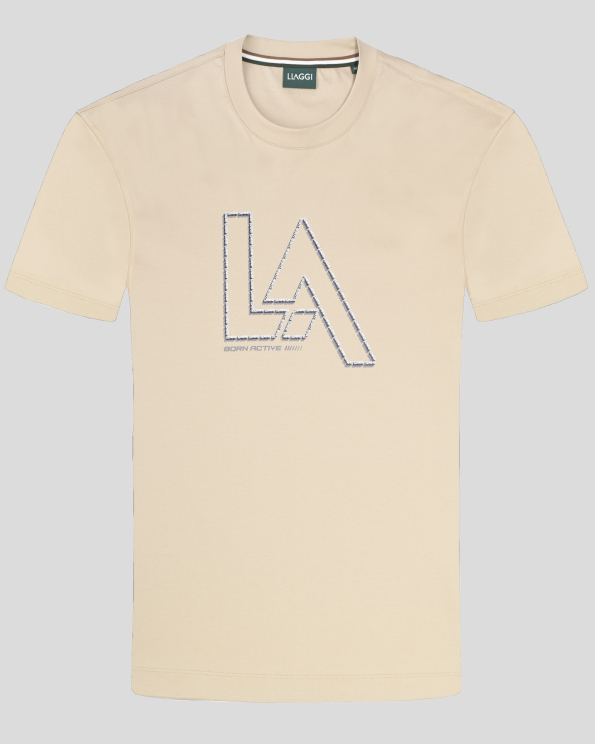 БЕЖОВА ПАМУЧНА ТЕНИСКА С ОБЛО ДЕКОЛТЕ И ЛОГО ПРИНТ