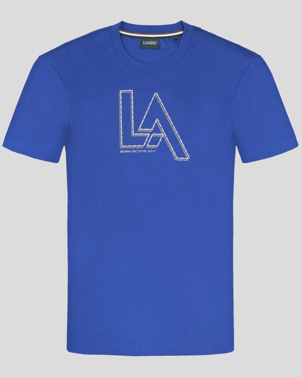 КОБАЛТОВО СИНЯ ПАМУЧНА ТЕНИСКА С КОНТРАСТЕН ПРИНТ