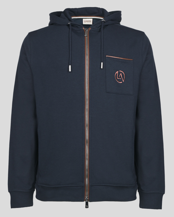 ТЪМНОСИН СУИТШЪРТ С КАЧУЛКА И КОЖЕНИ ЕЛЕМЕНТИ