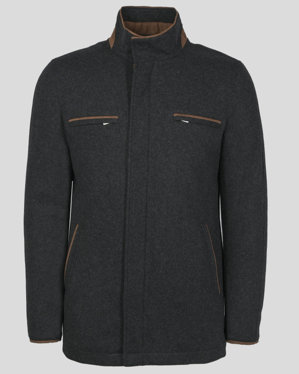 ЧЕРНО ПАЛТО МЕЛАНЖ С ВИСОКО СЪДЪРЖАНИЕ НА ВЪЛНА И ЛОГО ЕМБЛЕМА 