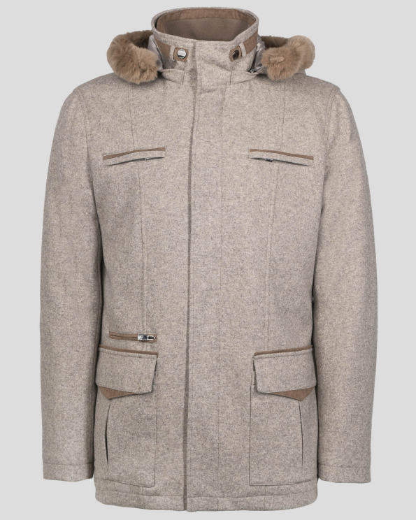 БЕЖОВО ПАЛТО МЕЛАНЖ С КАЧУЛКА ОТ ЕСТЕСТВЕН ЗАЕШКИ ПУХ 