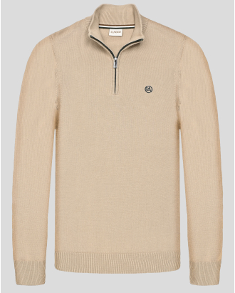 БЕЖОВ ПУЛОВЕР ТИП ПОЛУПОЛО С КЪС ЦИП И БРОДЕРИЯ ЛОГО