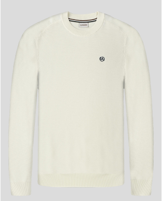 ПУЛОВЕР ЦВЯТ В ЕКРЮ СЪС СТРУКТУРНА ПЛЕТКА И  КОНТРАСТНА БРОДЕРИЯ ЛОГО 