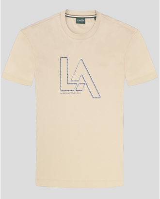 БЕЖОВА ПАМУЧНА ТЕНИСКА С ОБЛО ДЕКОЛТЕ И ЛОГО ПРИНТ