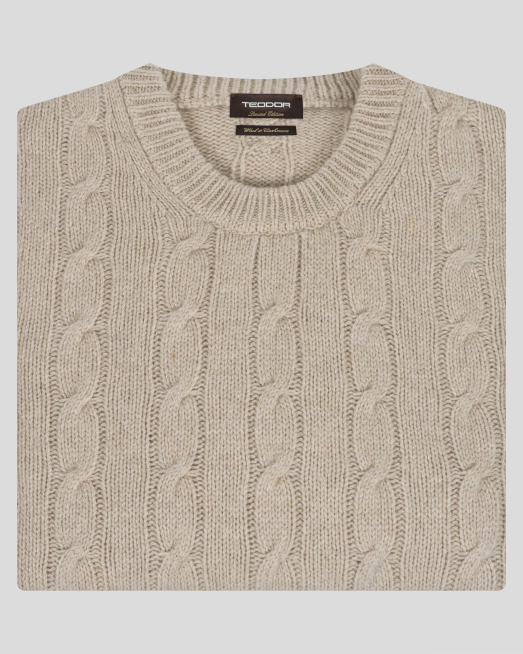 БЕЖОВ ПУЛОВЕР МЕЛАНЖ ОТ ВЪЛНА МЕРИНО И КАШМИР С ПЛЕТКА ОСМОРКА  - 7