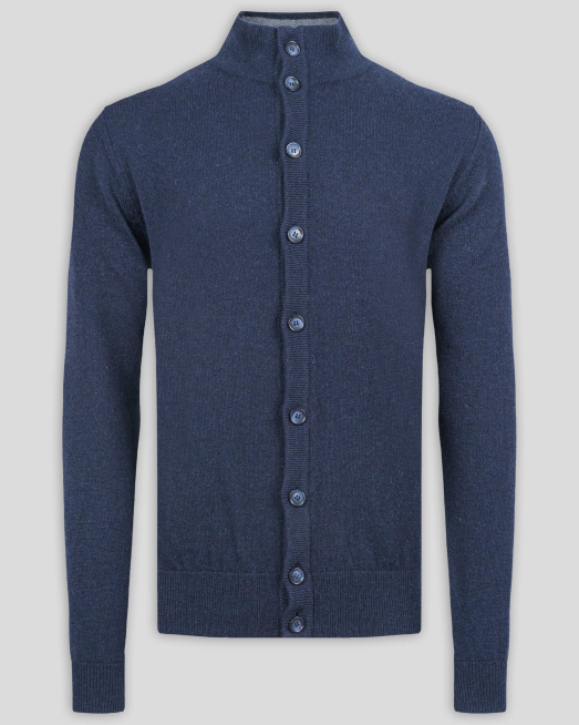 'ТЪМНОСИНЯ ЖИЛЕТКА С КОПЧЕТА И КОНТРАСТНА ДЕСЕНАЦИЯ  ОТ 100% КАШМИР