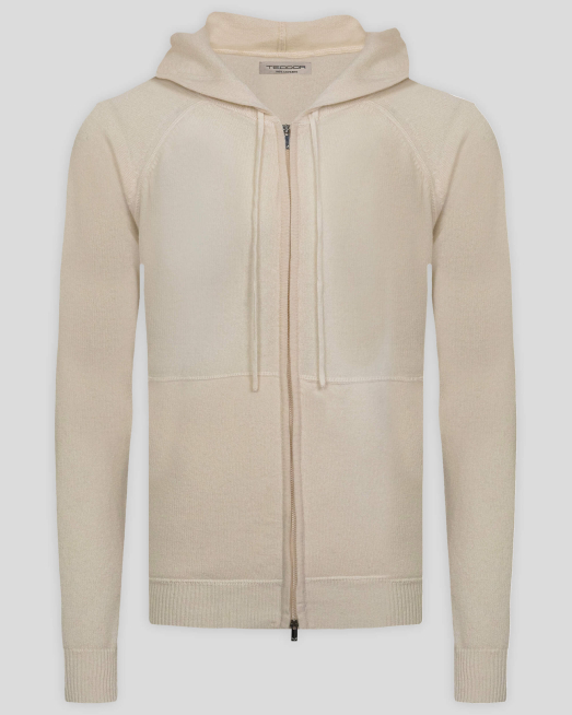 'ЖИЛЕТКА С КАЧУЛКА И ЦИП ОТ 100% КАШМИР В ЕКРЮ