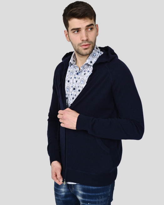 ТЪМНОСИНЯ ЖИЛЕТКА С КАЧУЛКА И ЦИП ОТ 100% КАШМИР - 3